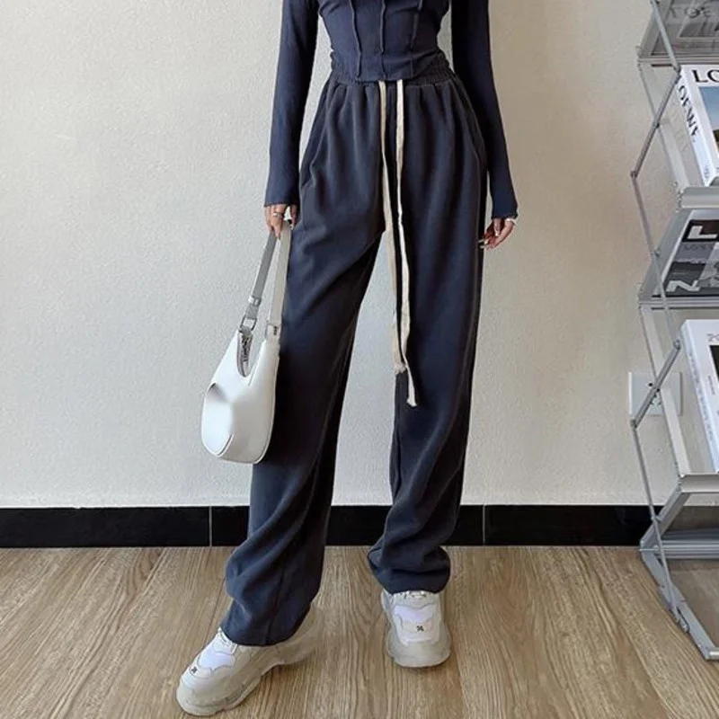 

Winter Kawaii New 2021 High Waist Loose Slim Drawstring Sports Casual Pants Women's Knitted Pants Sweatpants Korean 290D