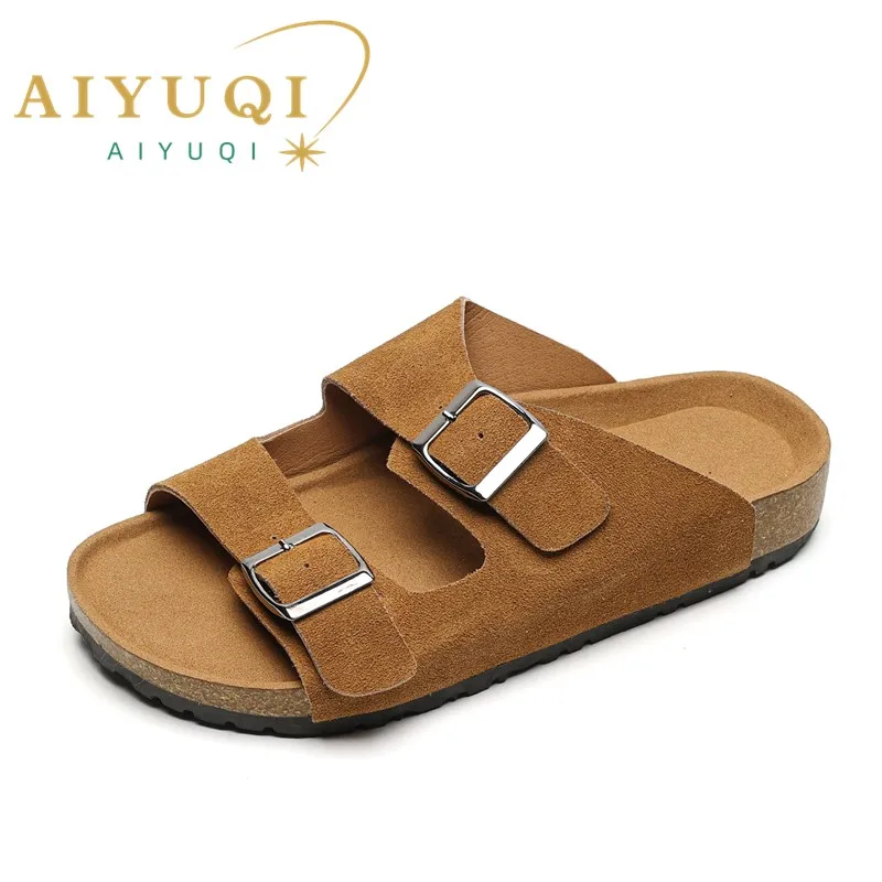 AIYUQI Slippers Women Genuine Leather 2023 New Summer Wear Round Head Flip Flops Women Beach Slippers Flat Retro Girl
