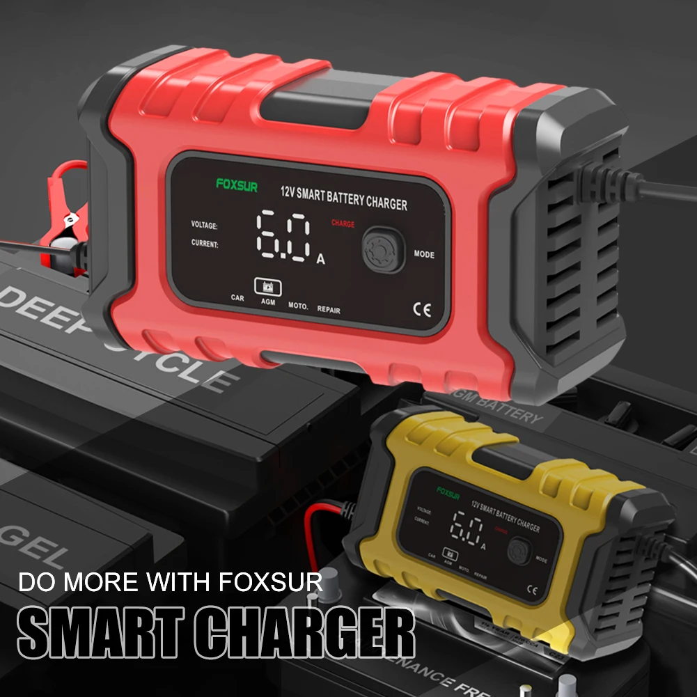 

FOXSUR Fully Automatic Battery Charger 12V/6A Pulse Repair Maintenance LCD Display Smart Car Battery Charger for Gel Lead Acid