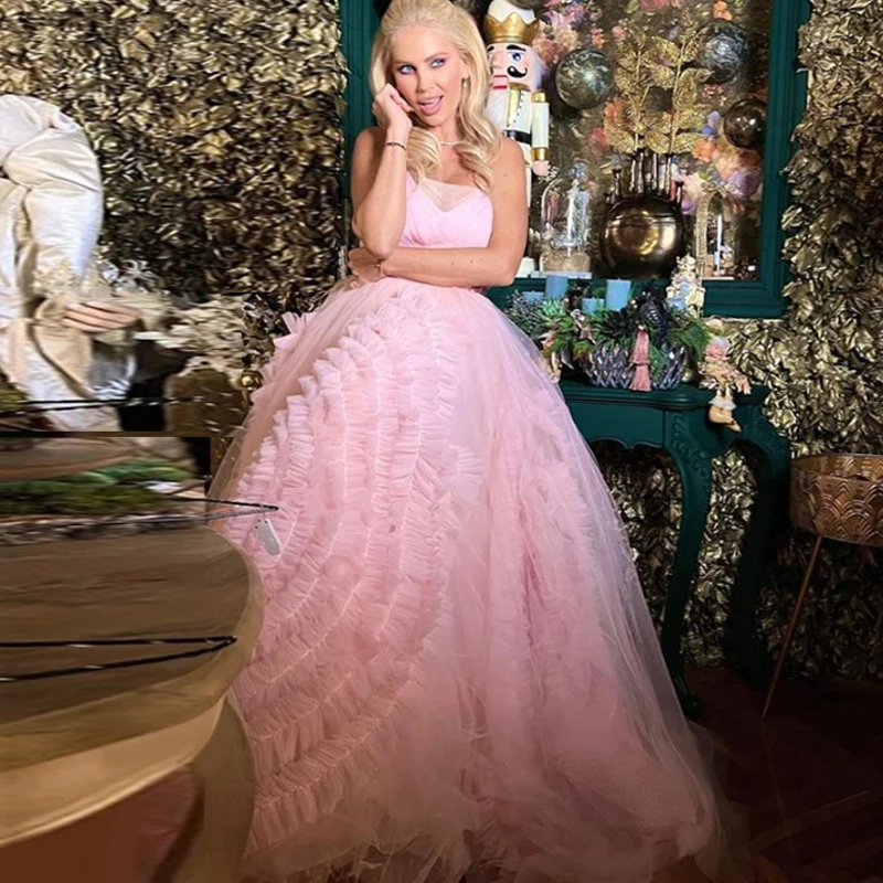 

Бальное платье без бретелек из розового тюля, пышная Женская одежда с оборками, элегантные вечерние платья со шлейфом, милое розовое платье ...