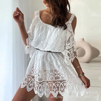 women dress sexy lace mesh hollow out see through dress women short sleeve strapless round neck backless solid color loose dress