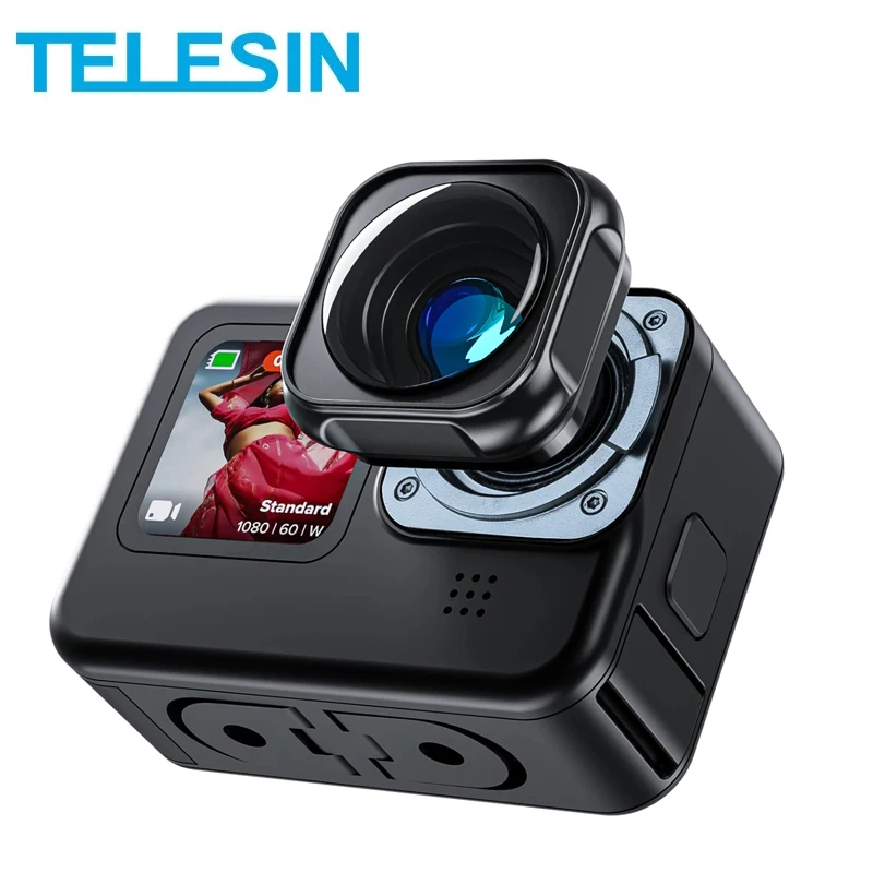 

TELESIN Lens Mod For GoPro 12 11 10 9 Max Ultra-wide Angle 155 Degree Max With 2 Protect Covers Action Camera Black Accessories