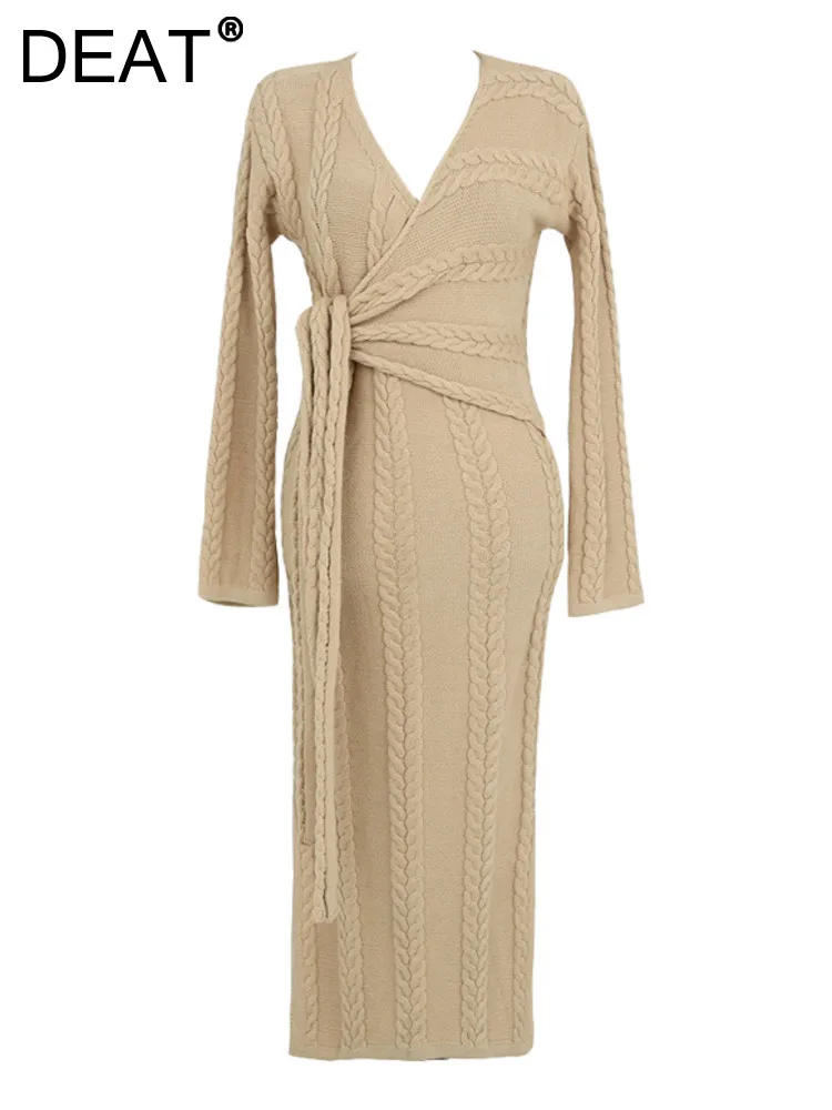 

DEAT Fashion Women's Knitted Dress V-neck Twist High Waist Long-sleeved Slim Solid Color Dresses Female Spring 2023 New GX298
