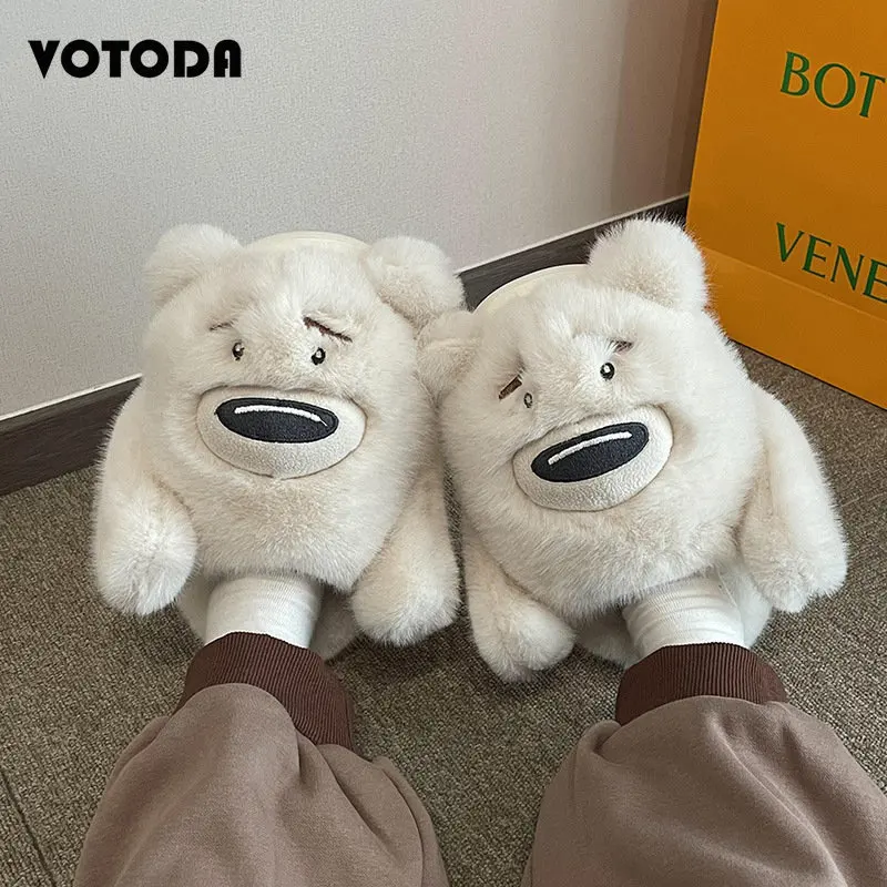 

Winter Cotton Women Shoes Cartoon Cute Hugging Bear Slippers Fluffy Furry Warm Thick Bottom Slides Girls Plush Bear Flip Flops