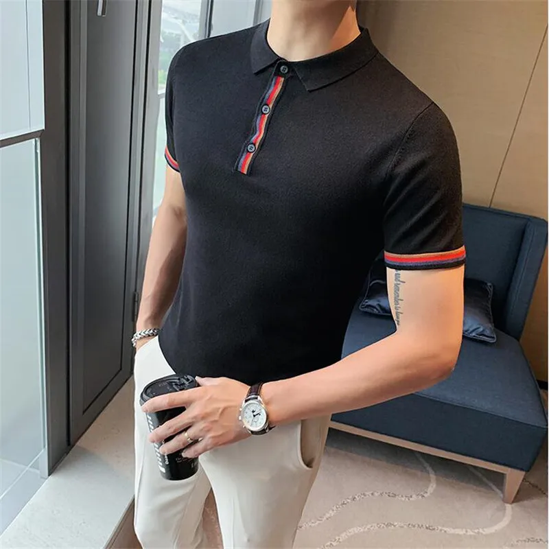 

Мужская трикотажная рубашка-поло в полоску, приталенная дышащая футболка с короткими рукавами и отложным воротником, уличная одежда, лето ...