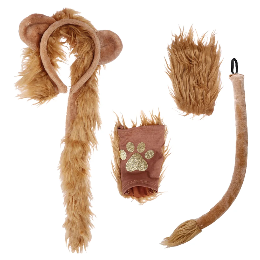 

Lion Stuffed Animal Adult Costume Wolf Ears Tail Set Animals Kids Suit Fingerless Mittens Headband Makeup