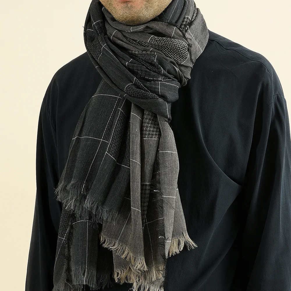 

Harajuku Style Yarn-dyed Plaid Male Scarves Soft Casual Look Winter Two-color Patchwork Fringe Large Size Shawl 200X130CM