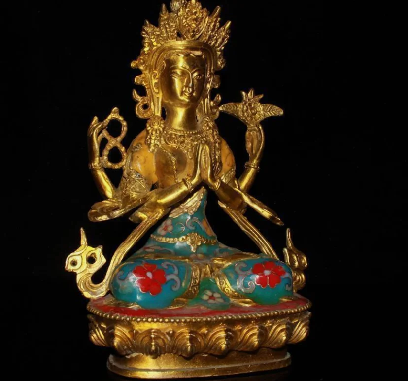 8 4-дюймовый тибетский храм бронза позолоченная перегородчатая статуя Будды