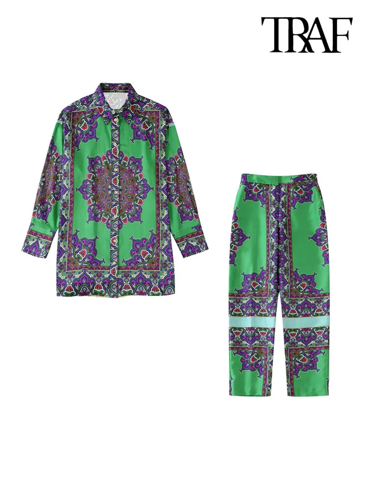 

TRAF Women Fashion Flowing Printed Loose Shirts And High Elastic Waist Ankle Trousers Female Two Piece Sets Mujer