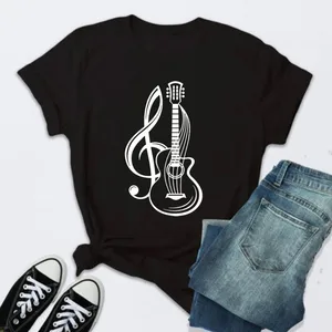 Imported 2022 Women T Shirt Music Note Guitar Printed Black T Shirt Female Summer Casual Short Sleeved O-neck