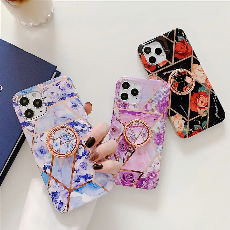 

Plating Flower Finger Ring Phone Cases For iphone 12 13 11 Pro XS Max X XR 8 7 Plus SE 2020 Case Silicone Back Cover Holder