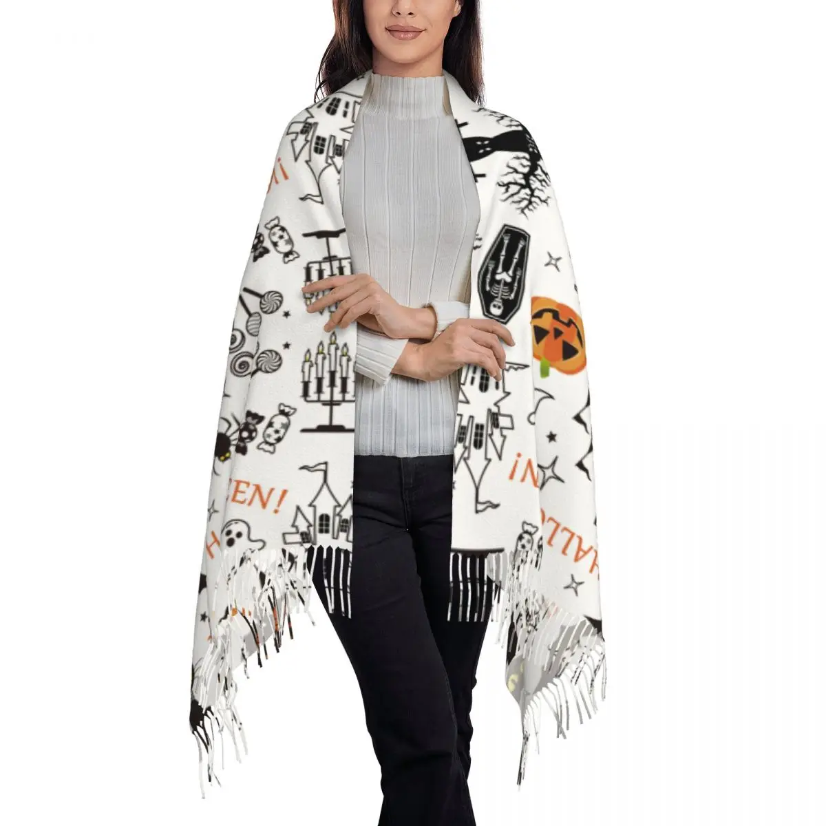 Мужской шарф с длинным ворсом и бахромой в стиле Хэллоуин