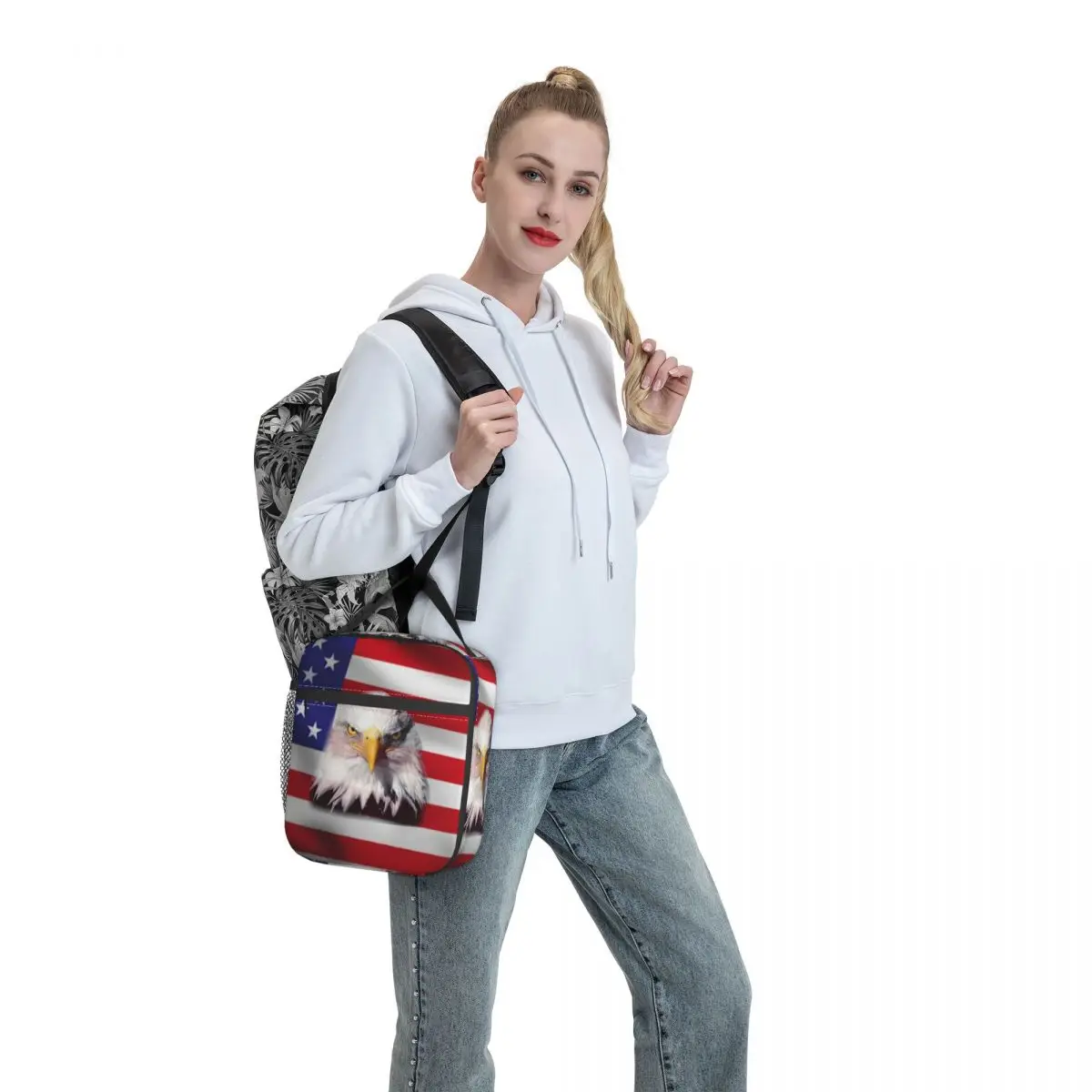 

Eagle America Lunch Bag with Handle Red And White Striped Star Print Meal Pocket Cooler Bag Reusable Zipper Office Thermal Bag