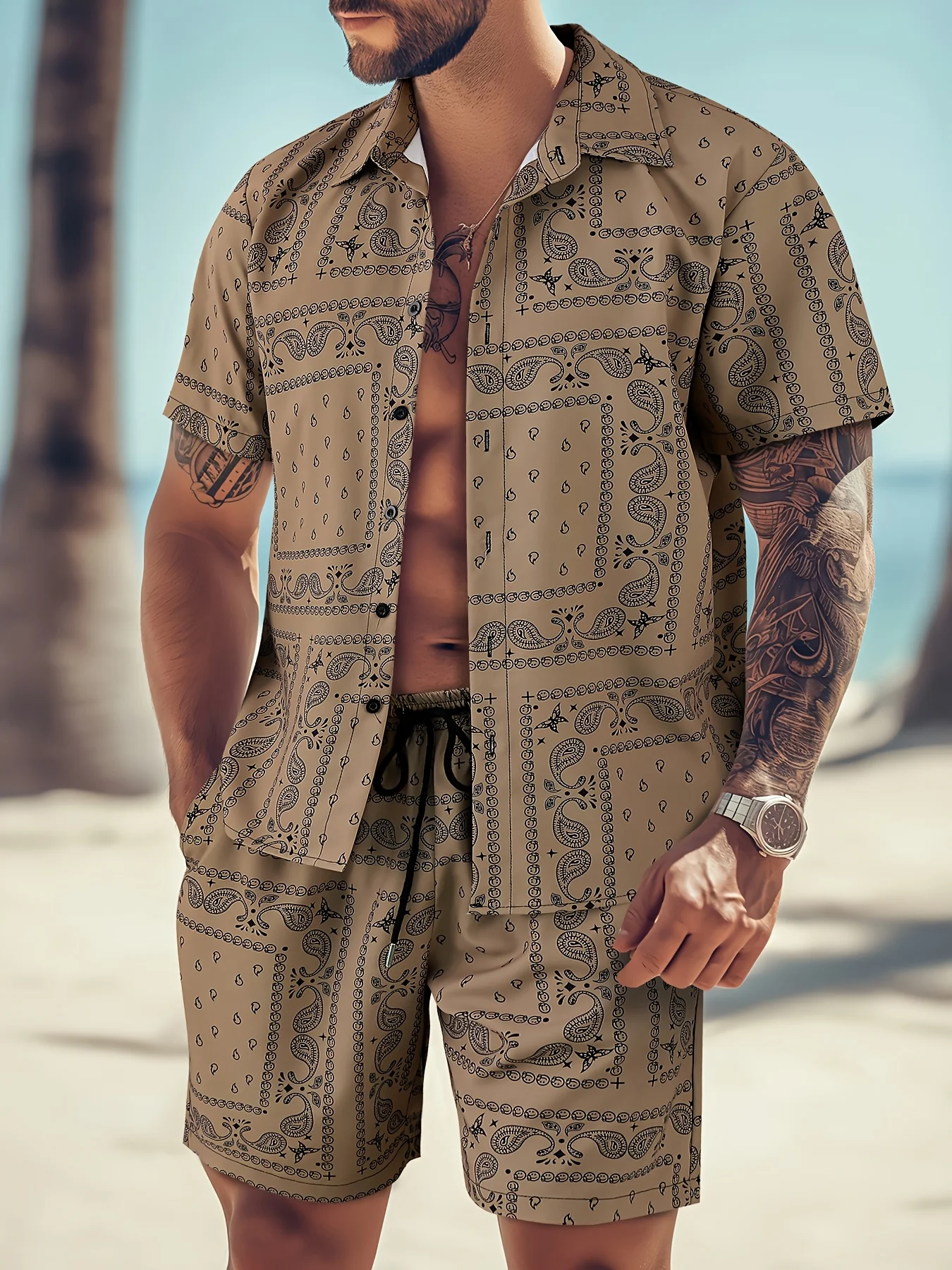 Фото 2pcs Fashion Men's Paisley Print Shorts Shirt Set Drawstring Waist Summer Beachwear White with Black Floral Prints Asian Size №1