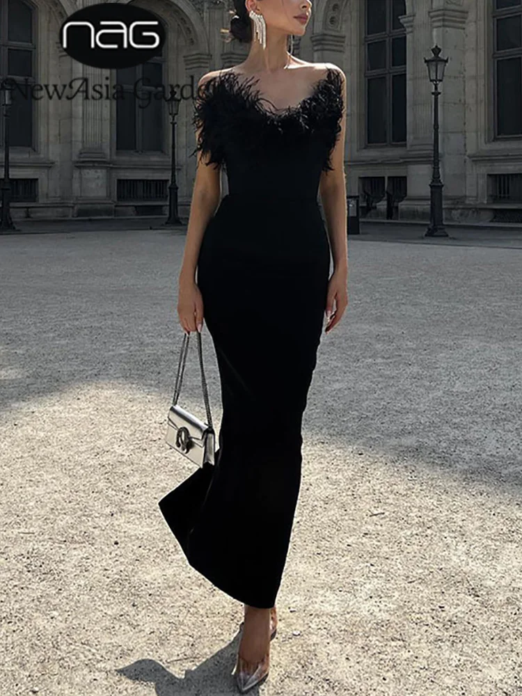 

NewAsia Elegant Black Dresses Furry Tube Low Cut Clear Strap High Waist Backless Slim Midi Robe Fashion Birthday Party Vestidos
