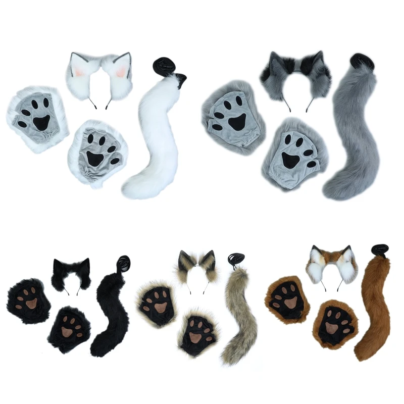 

Cute Animal Ears Headband+ Paw Gloves+ Tail Cosplay Toys for Carnival Cosplay L21E