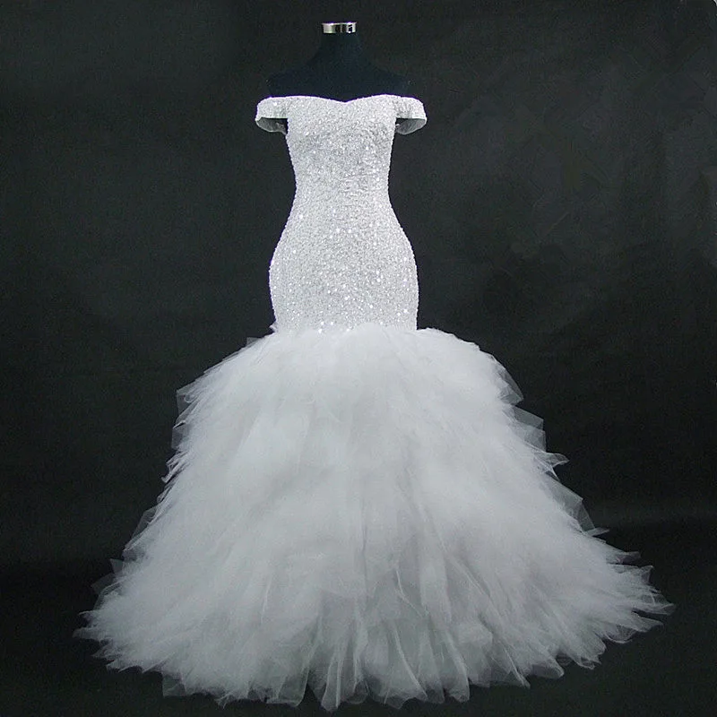 

Africa Design Amazing Full Beading Off the shoulder Mermaid Wedding Dress Stunning Ruffles Tiered Wedding Gowns.