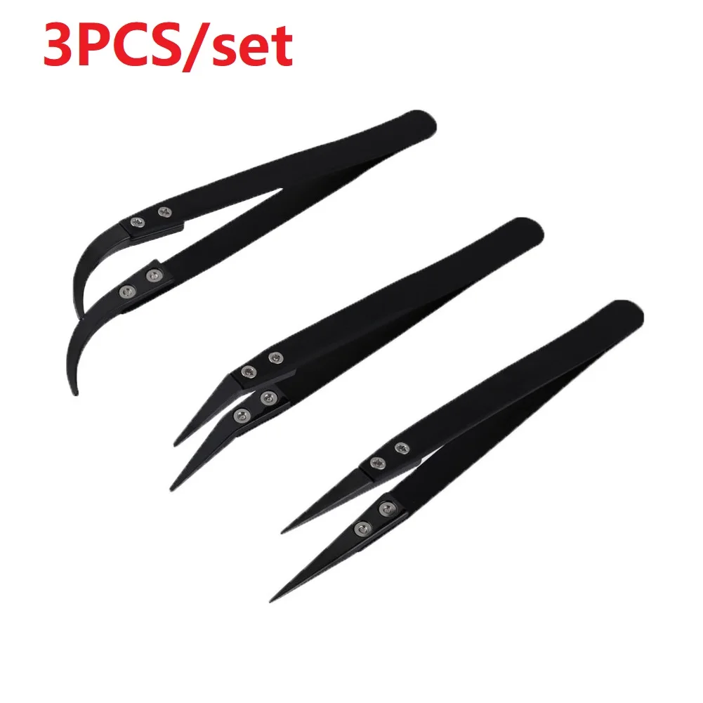 

3pcs Ceramic Reverse Tweezer Set Black Little Curved/Big Curved/Straight Tweezer Anti-Static Heat Resistant Hand Tool