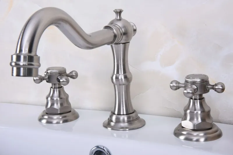 2 Handles Cross Knob Widespread Three Holes 3 Piece Bathroom Faucet Deck Mount Vanity Mixer Sink Tap Tbn012