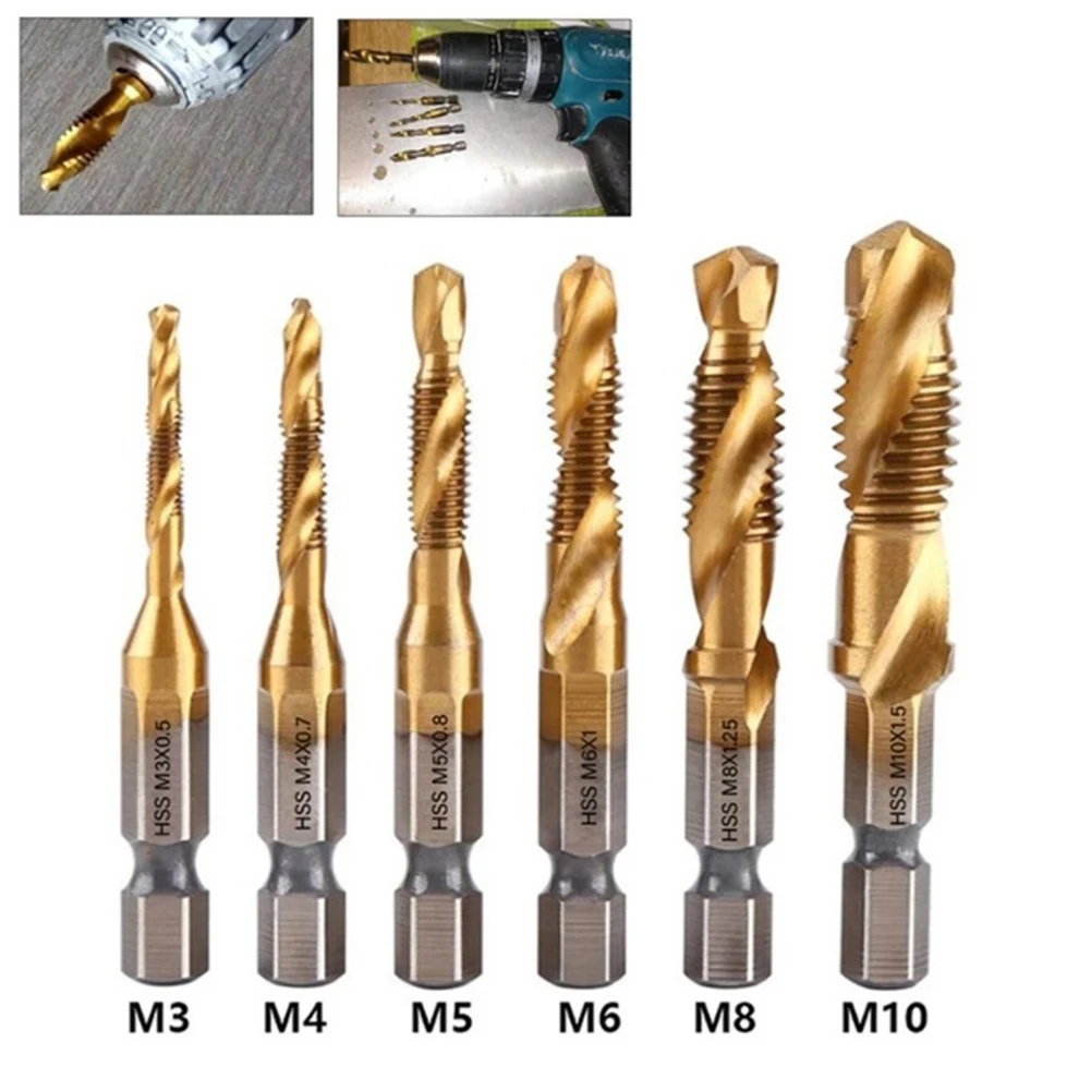 12pcs Titanium Plated Hex Shank HSS Screw Thread Metric Tap Drill Compound Tap M3 M4 M5 M6 M8 M10 Hand Tools