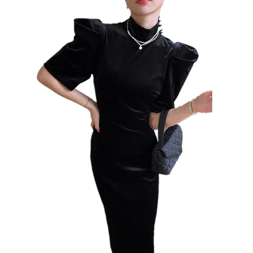 Black Vintage Velvet Long Dress Women High Waist Puff Sleeve French Style Split  Party Spring Autumn