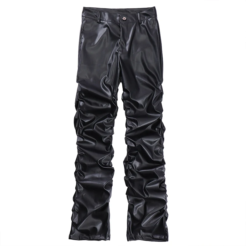 

New Men's Pu Pantstrousers Straight Loose Ruched Solid Casual Color Black Pants Hip Hop Mens Pleated Pu Leather Haruku Retro Str
