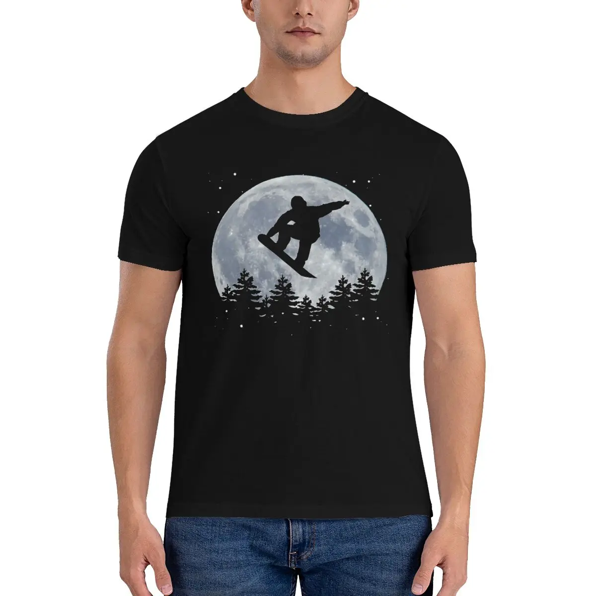 

Snowboarding Jump In Front Of The Moon T Shirt Snowboarding full moon 100% Cotton Trendy T-Shirt Short Sleeve Awesome Tops Men