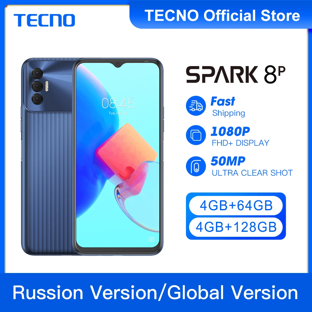 

NEW Original Tecno Spark 8P 4 + 64 GB/4GB+128GB Smartphone Helio G70 Battery 5000mAh 6.6 FHD Cell Phone 50MP NFC Global Version