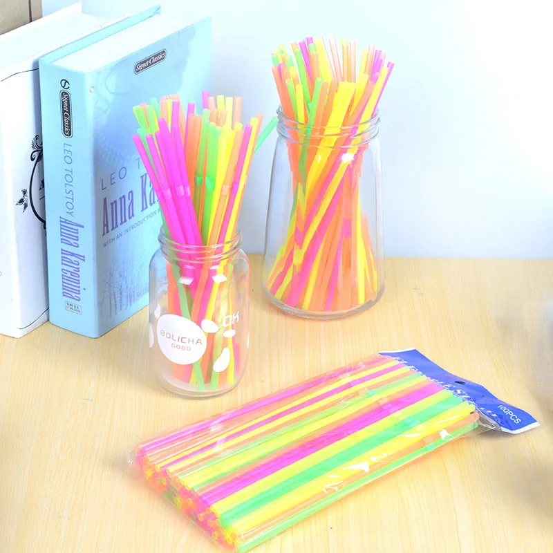 

100Pcs Fluorescent Plastic Bendable Drinking Straws Disposable Beverage Straws Wedding Decor Mixed Colors Party Supplies