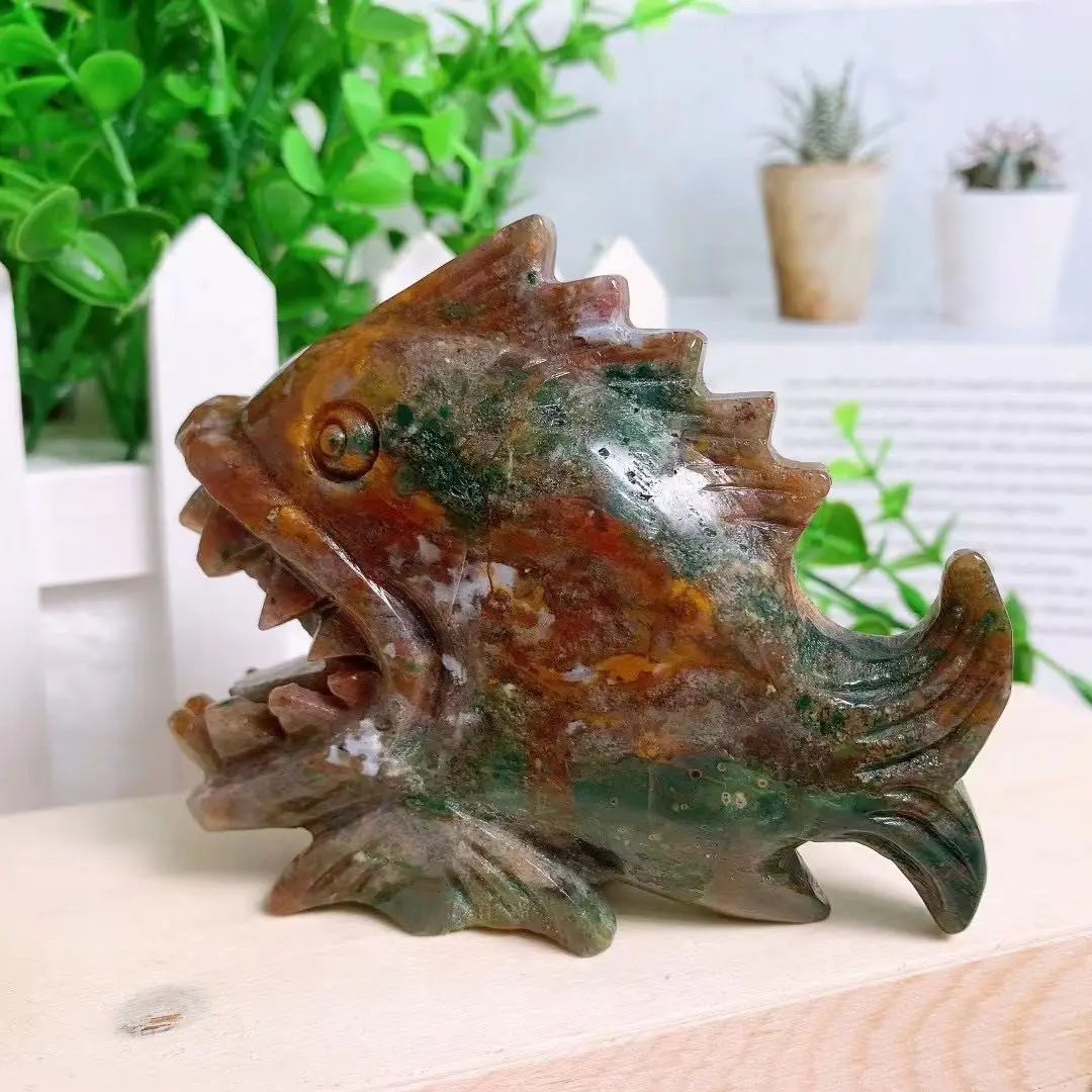 

90mm High Quality Natural Ocean Jasper Crystal Piranha Carving Powerful Chakra Healing Stones Statue For Halloween Gift 1pcs