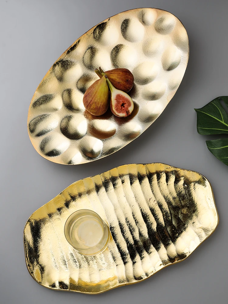 

Nordic Style Gold-Plated Fruit Plate Handmade Aluminum Dim Sum Plate Tray Creative Hallway Storage Tray Swing Plate Household