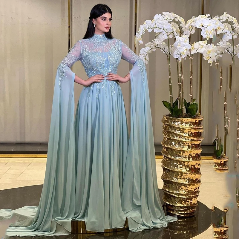 

Light Blue Arabic Lilac A-Line High Neck Lace Beaded Evening Dresses Gowns 2022 For Woman Party Dress