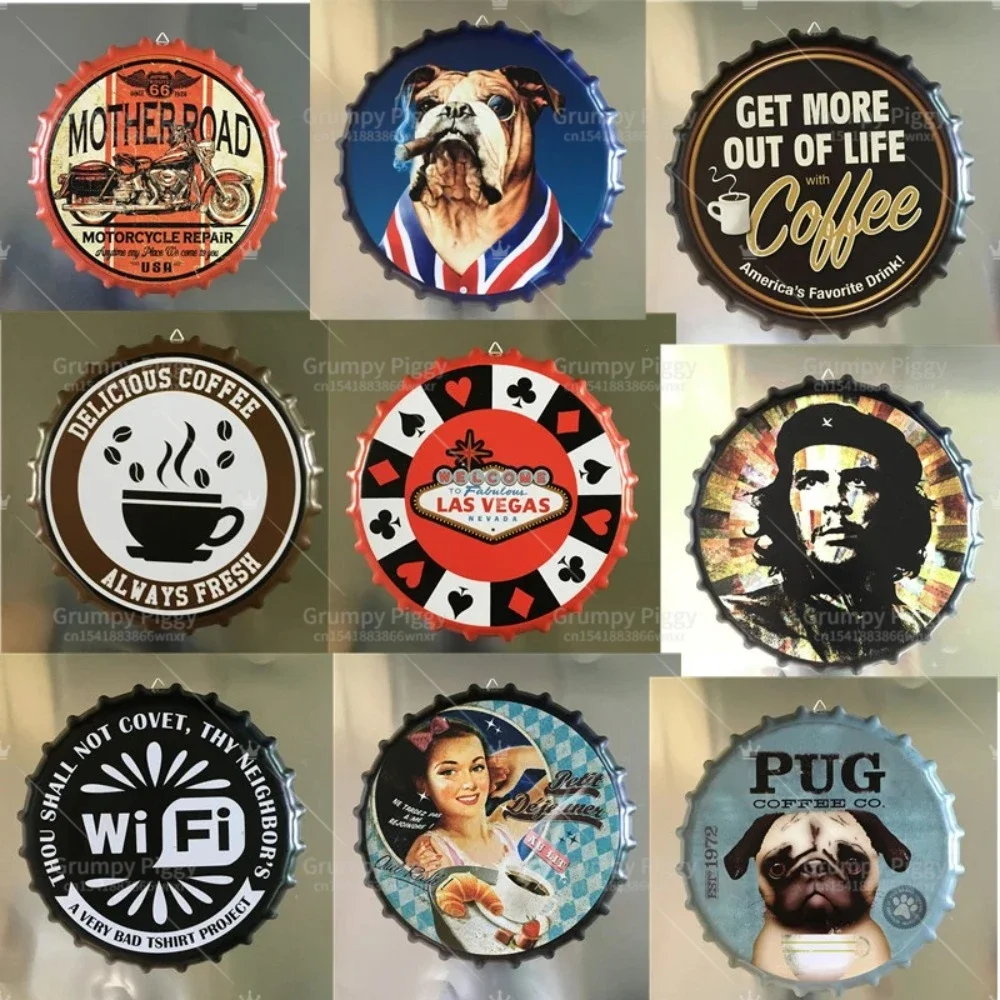 

Beer Bottle Cap Signs Wifi No Smoking Warning Sign Retro Round Plate Plaque Metal Tin Sign Bar Cafe Garage Craft Wall Decoration