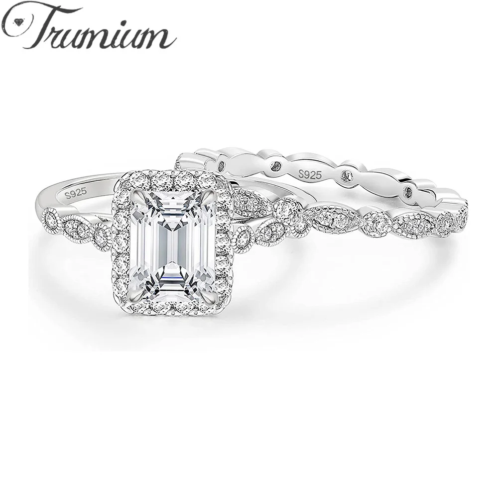 

Trumium 2CT 925 Sterling Silver Bridal Ring Sets Emerald Cut CZ Engagement Rings Vintage Marquise Wedding Bands for Women