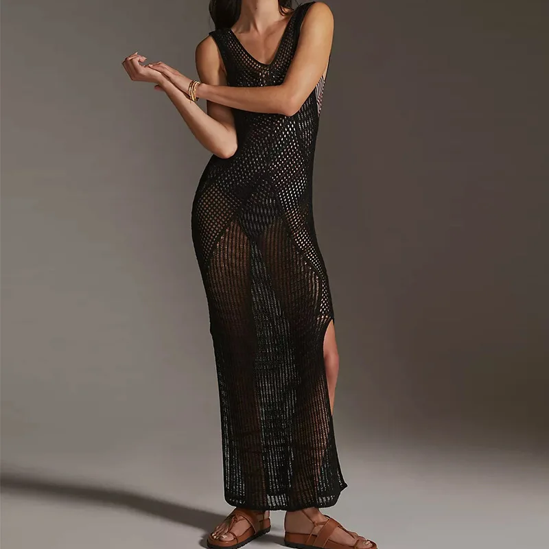 

Summer European and American New Women's Clothes Backless Sexy Close-Fitting Beach Dress Hollow-out Knitting Bikini Blouse