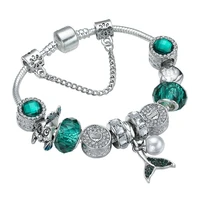silver plated charm bracelet with mermaid tail charms green murano glass beads friendship bracelets 18cm 19cm 20cm 21cm