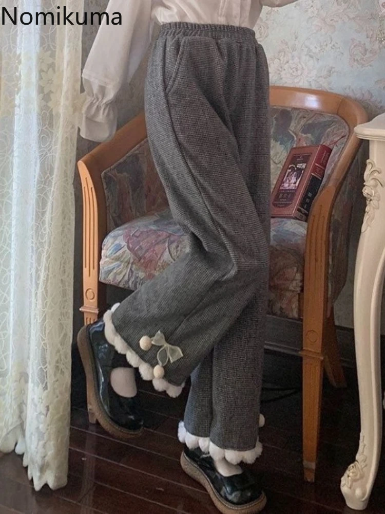 2024 новые японские широкие брюки для женщин твидовые повседневные с бантом Femme