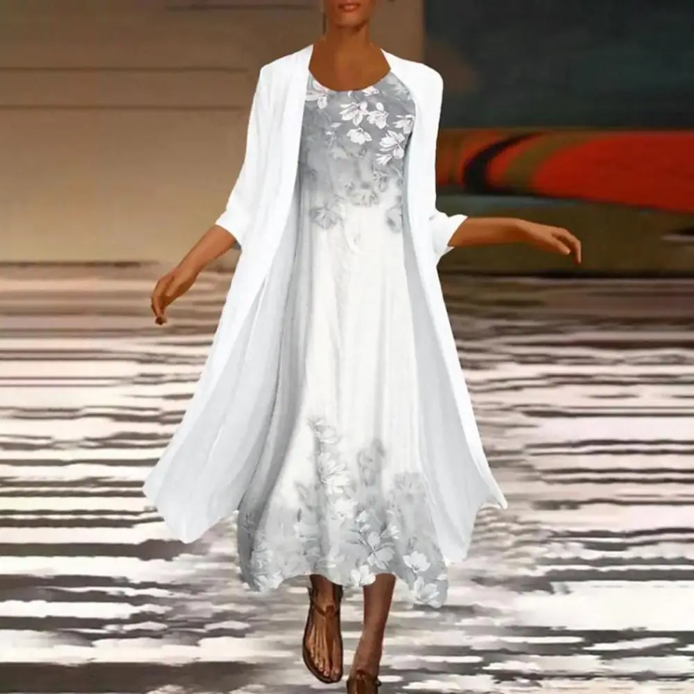 

1 Set Office Lady Cardigan Dress Floral Print Large Hem Spring Summer Vintage Elegant Dress Set for Party