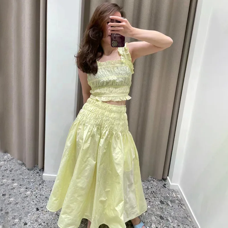 

2023 Spring/Summer Fashion Casual Pleated Slim Fit Hanging Strap Dress Gentle Set 23290