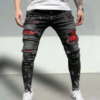 Men's Painted Stretch Skinny Jeans Slim Fit Ripped Distressed Pleated Knee Patch Denim Pants Brand casual trousers for men
