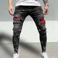 mens painted stretch skinny jeans slim fit ripped distressed pleated knee patch denim pants brand casual trousers for men