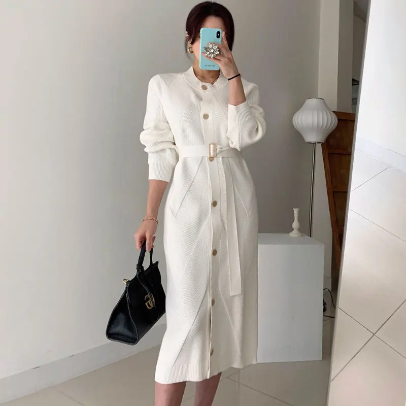 

Pink Single-breasted Knitted Warm Solid Elegant Vintage 2022 Sweater Dress Women Clothing Woman Dresses Winter Fall Korean Thick