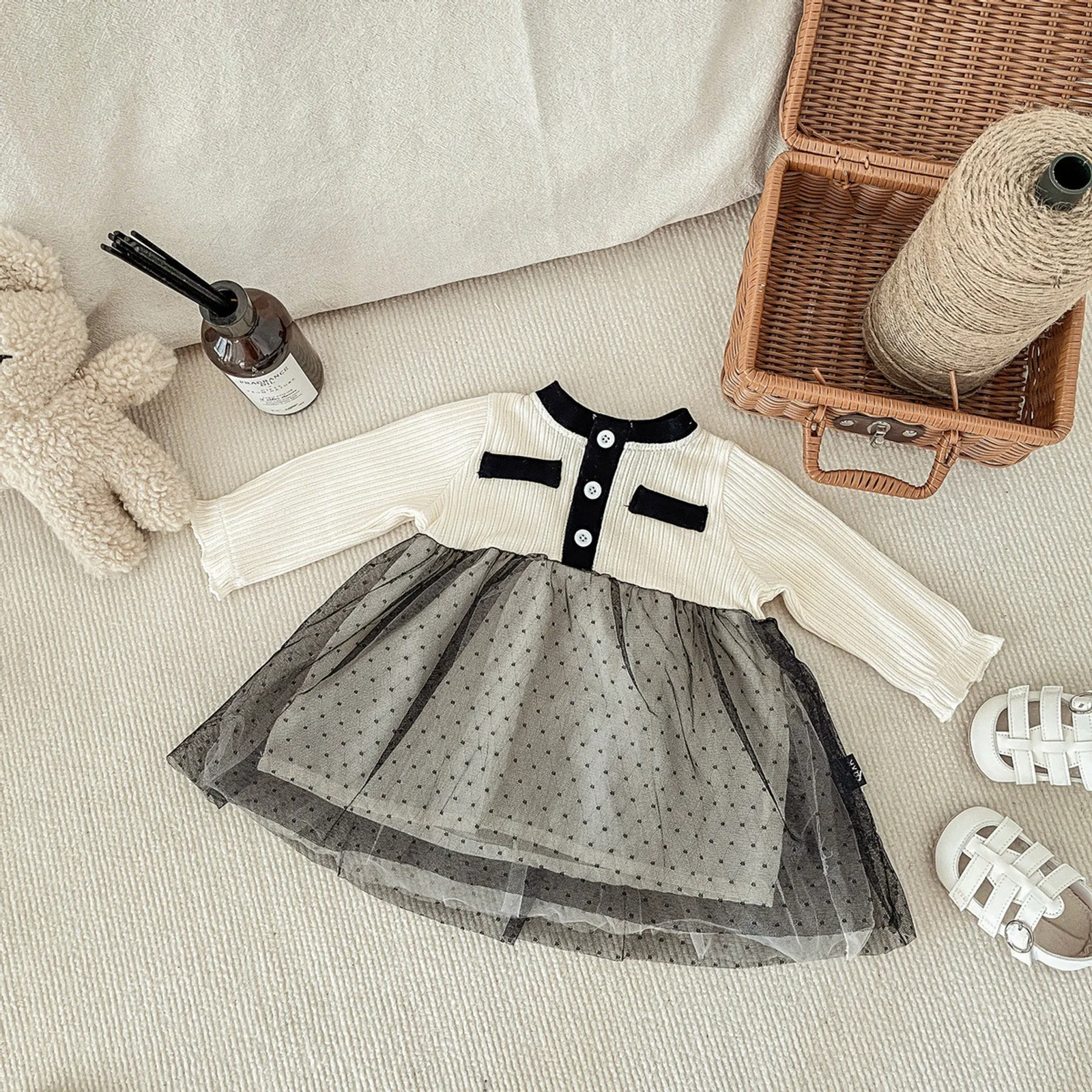 

Осеннее платье для маленьких девочек, вязаное фатиновое платье принцессы с длинным рукавом и пуговицами, праздничные платья, модная одежда,...