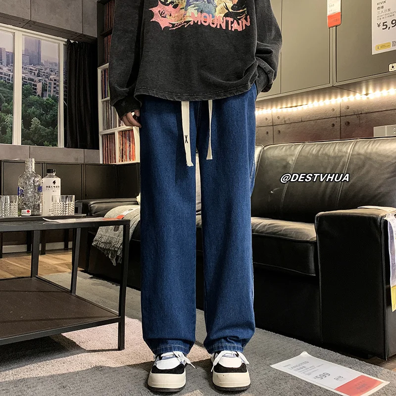 Drawstring Baggy Jeans Men Fashion 3-color Casual Straight Jeans Mens Streetwear Hip-hop Loose Denim Trousers Men Large Size