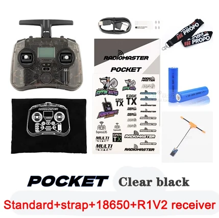 Radiomaster Pocket CC2500 Charcoal + 18650 batteries + R1 V2 receiver + strap