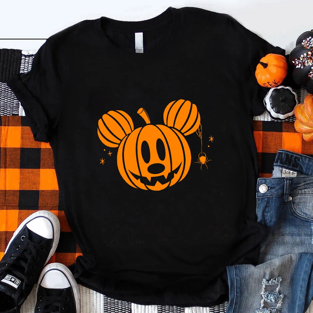 

Funny Mickey Mouse Pumpkin Print Halloween T-shirt Black Hipster Trend Disney Women Clothes Streetwear Harajuku Fall Casual