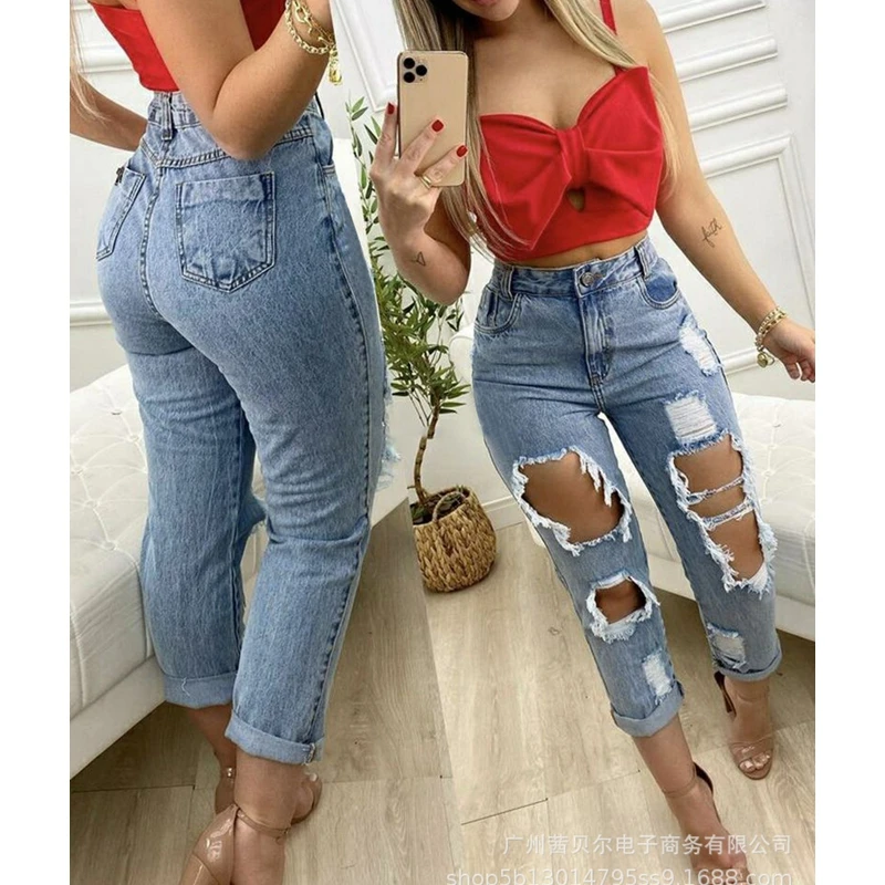 

Джинсы для женщин, весна-осень, Модные свободные джинсы с дырками для женщин, винтажные джинсовые брюки-карандаш с завышенной талией и пугов...