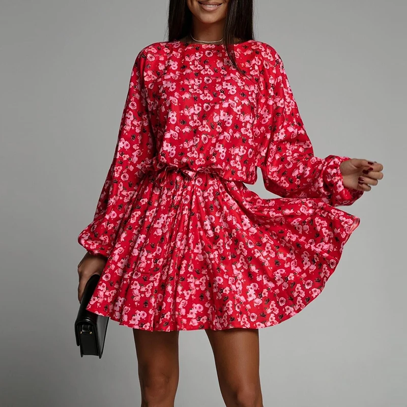 

Женское шифоновое платье-трапеция с цветочным принтом, круглым вырезом и эластичной талией