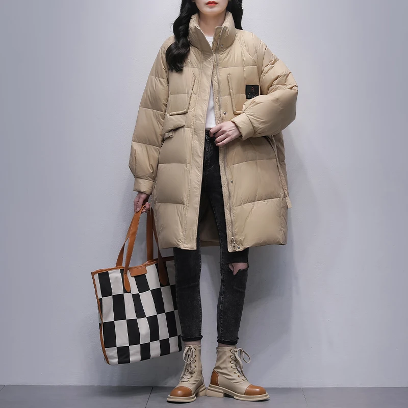 

2022 Winter Women New Korean Stand Collar Long Outerwear Female White Duck Down Jackets Ladies Loose Solid Color Coats J40
