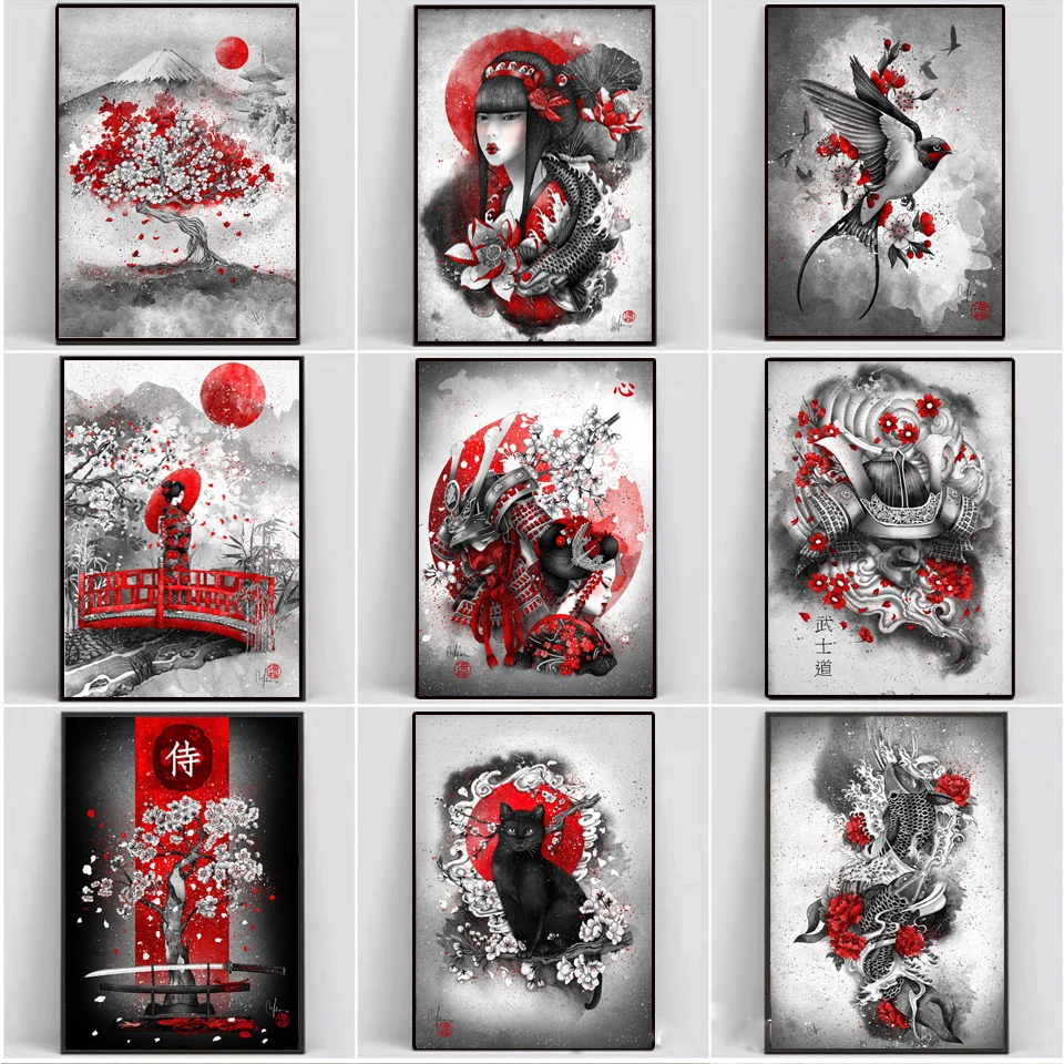 

5D Diy Diamond Painting Japanese Woman Samurai Cherry Blossom Landscape Full Diamond Embroidery Mosaic Rhinestones Picture